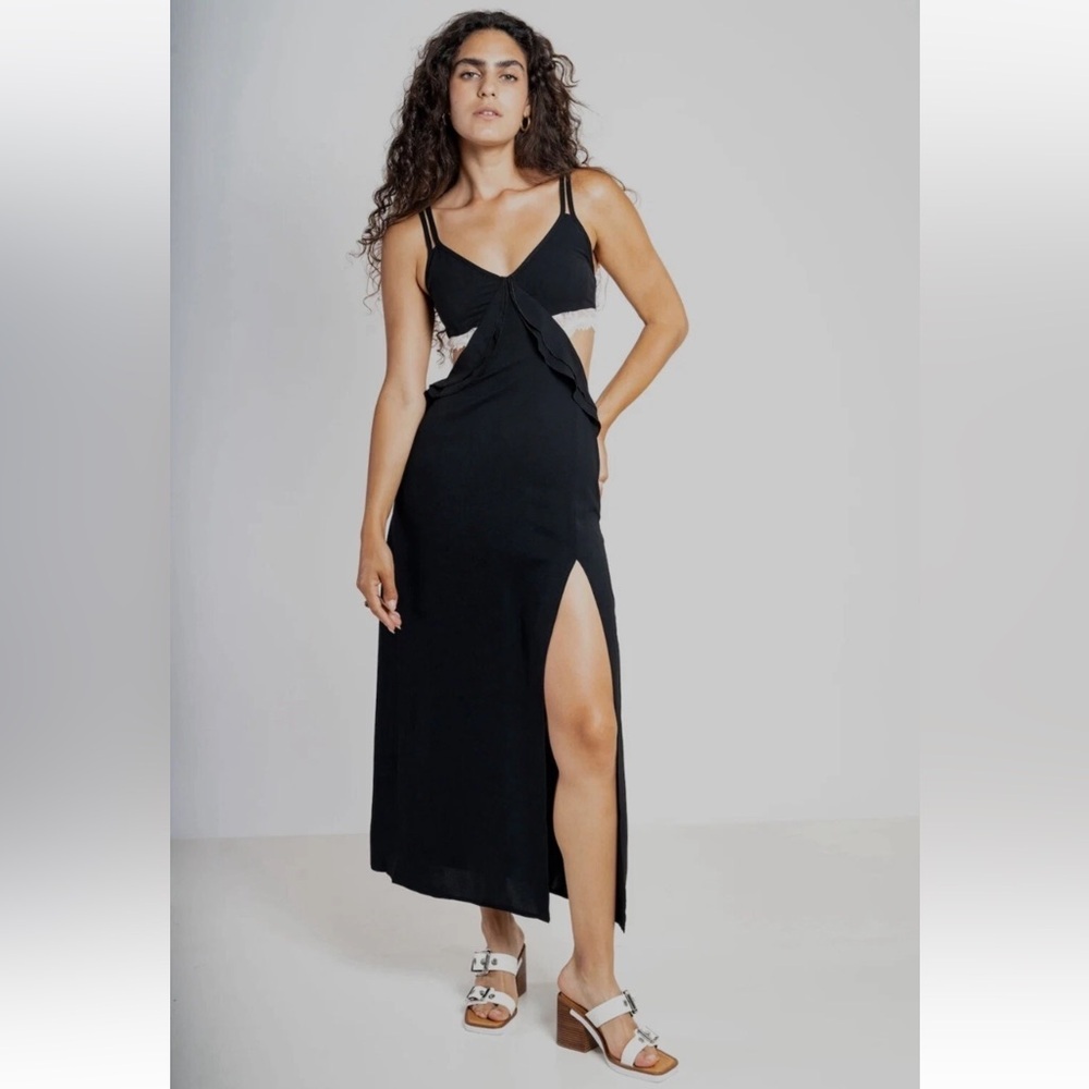 ZARA Black Lace Trim Slip Dress NWT Size Small Midi Maxi Slit
